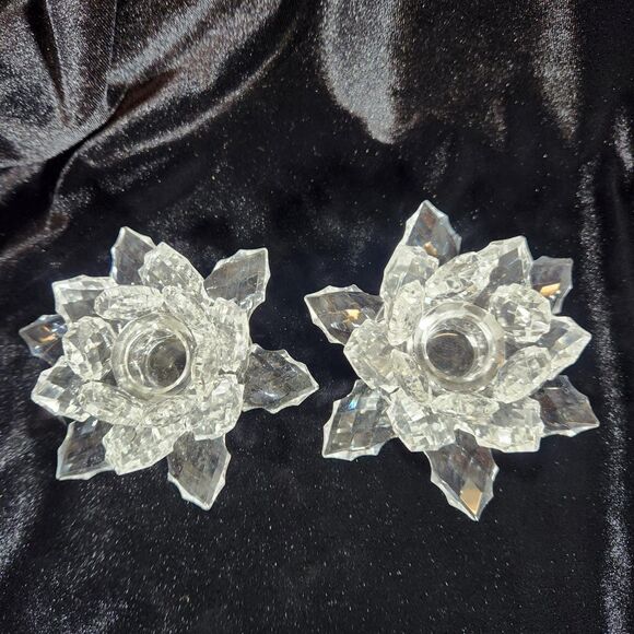 Crystal Lotus Flower Candle Holders w Candles Holly Shape Leaf Set 2 Shannon VTG - Picture 7 of 15